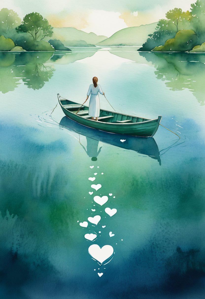 An abstract representation of a tranquil waterway symbolizing navigation, with hands gently guiding a kidney-shaped boat through the waters. In the background, silhouettes of healthcare professionals offering support to patients, evoking a sense of care and compassion. Include floating symbols of ethics, such as balance scales or heart shapes, across the water surface. The color palette should be soothing blues and greens, conveying peace and empathy. Illustrative style, with a touch of watercolor texture.